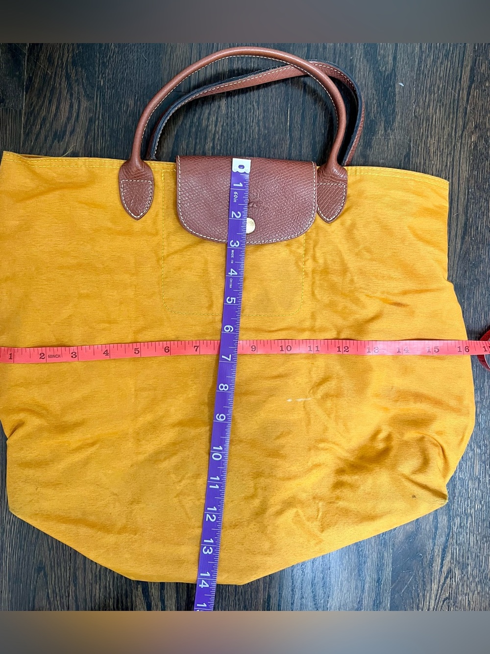 Longchamp Le Pliage Large Tote Mustard Yellow Brown Leather Foldable Bag - Picture 9 of 10
